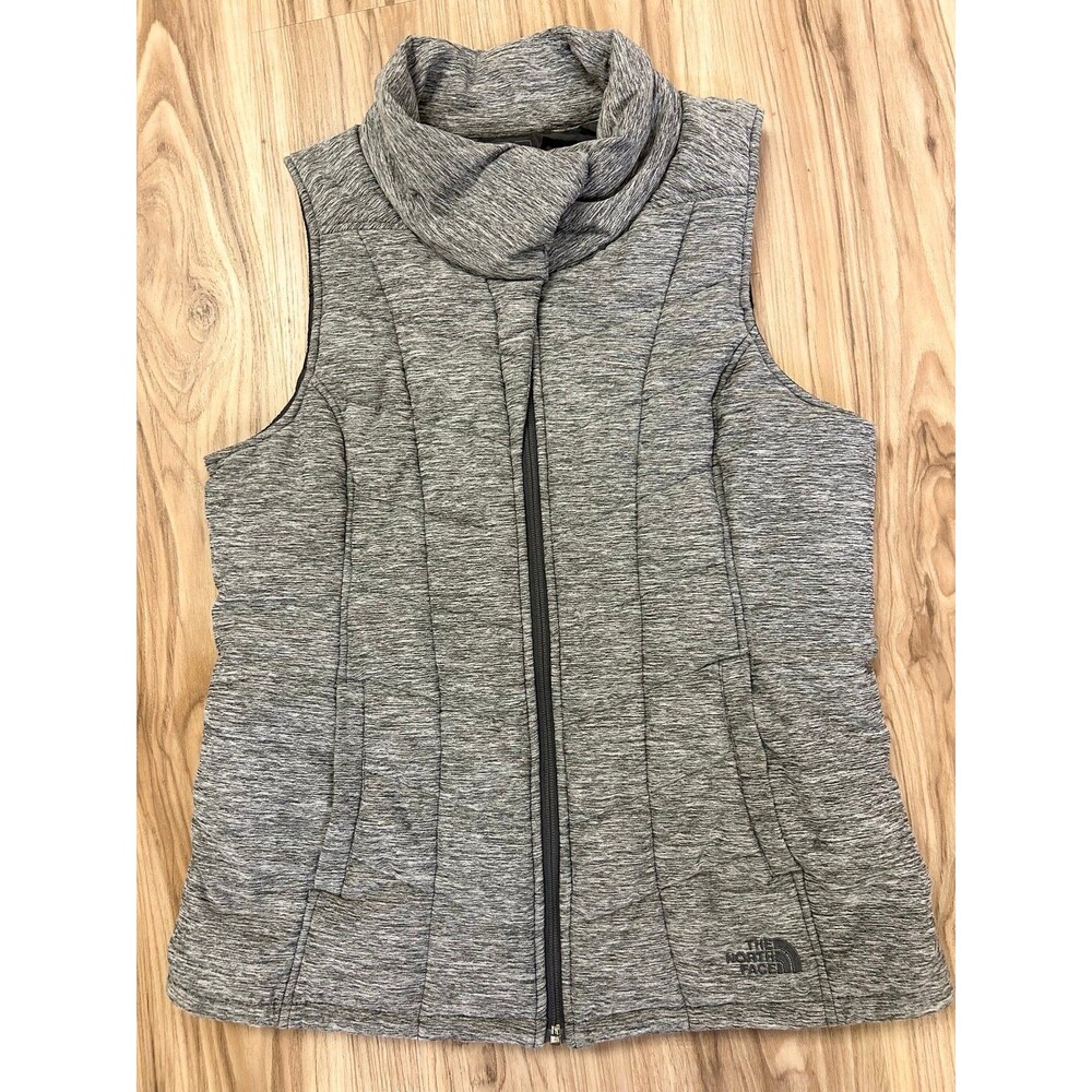 THE NORTH FACE Vest Womens Sz Large Heather Gray Quilted Full-Zip Puffer Black